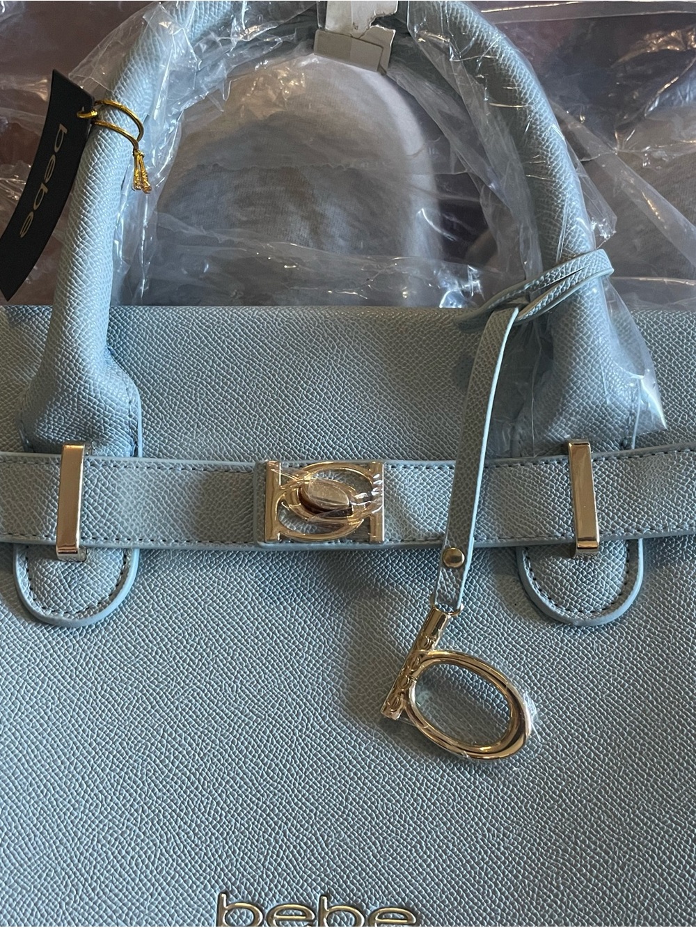 Bebe Light Blue Textured Leather Satchel with Gold Hardware
